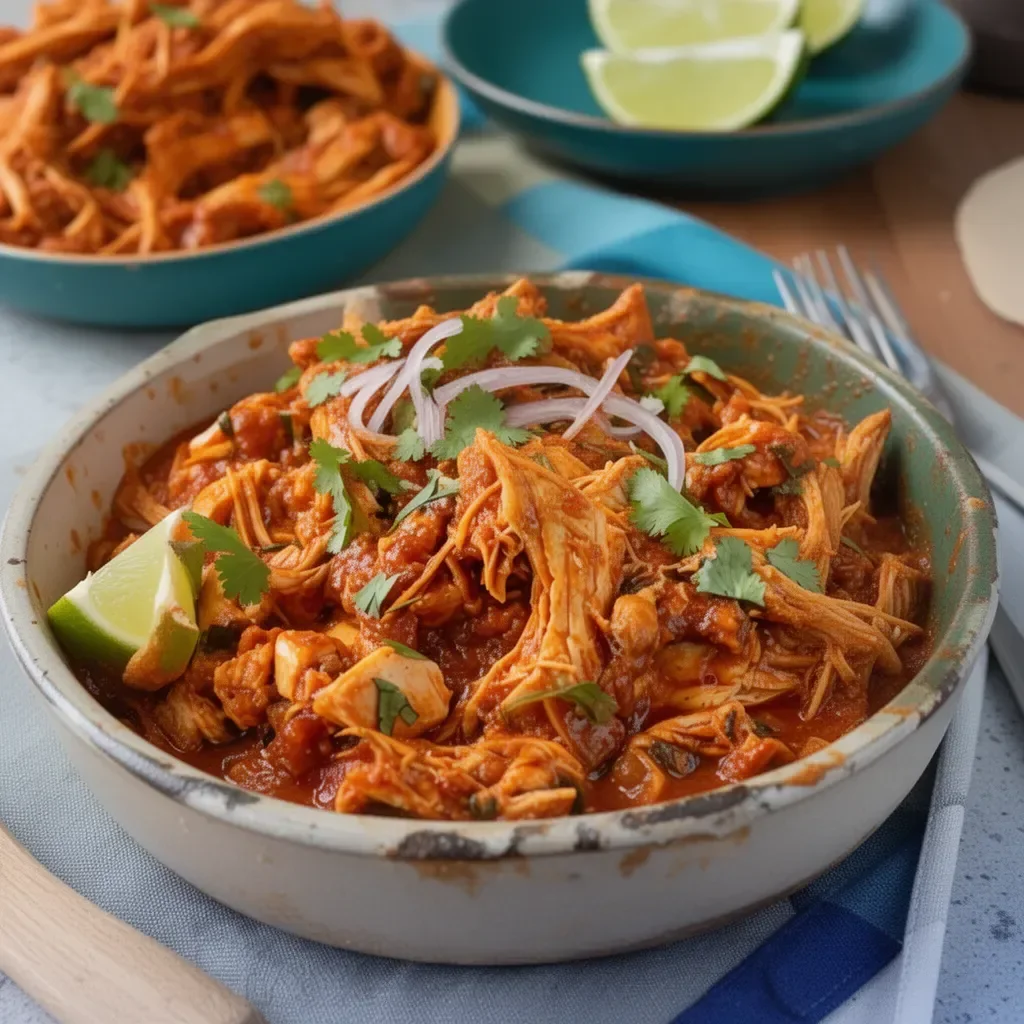Delicious Chicken Tinga served in tacos with fresh toppings