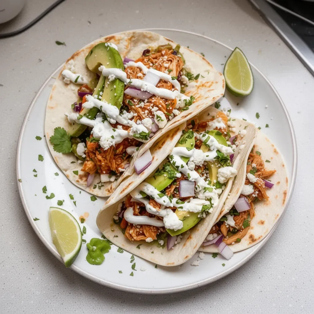 Chicken Tinga Street Tacos with garnishes on a plate.