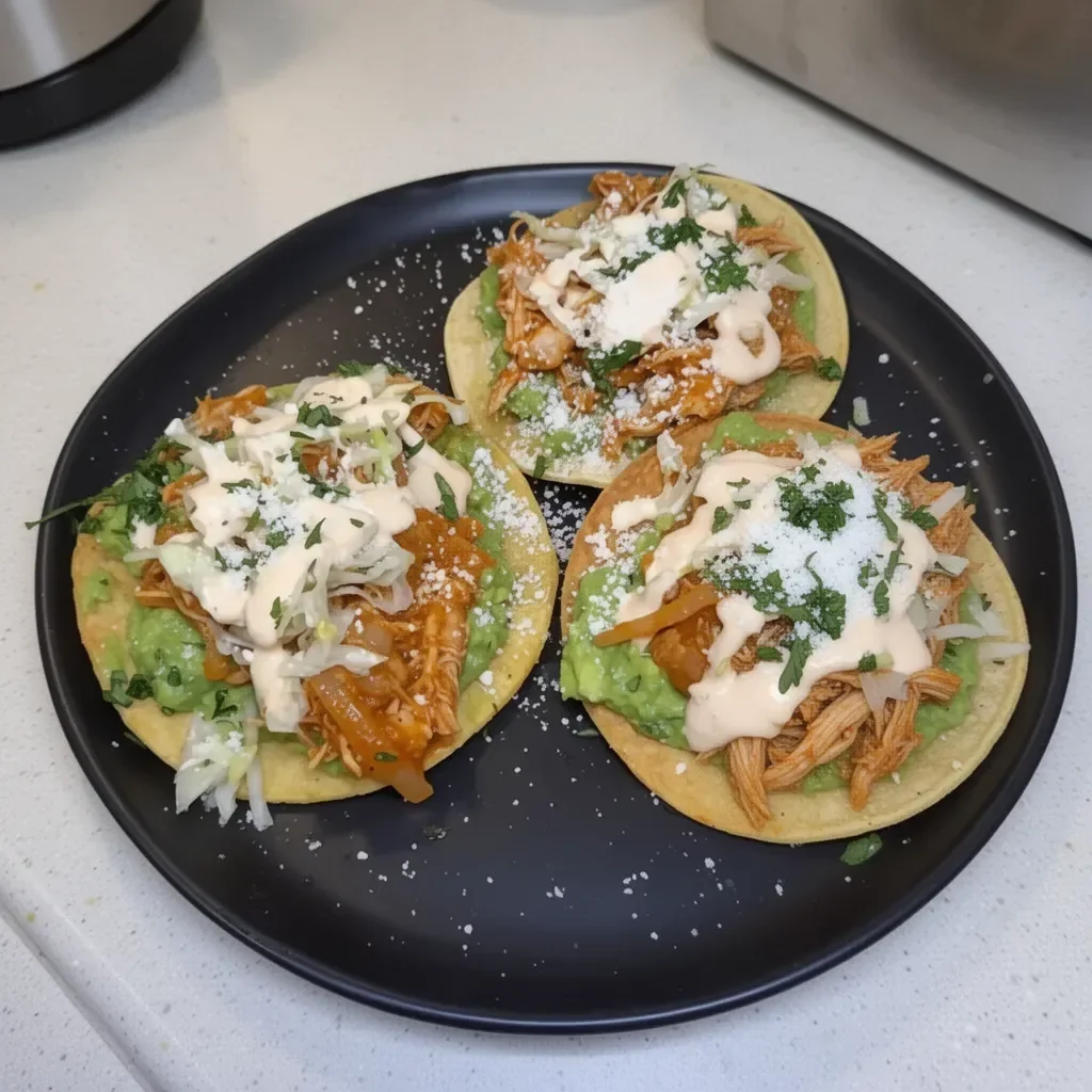 Delicious Chicken Tinga Tacos topped with fresh ingredients and spices