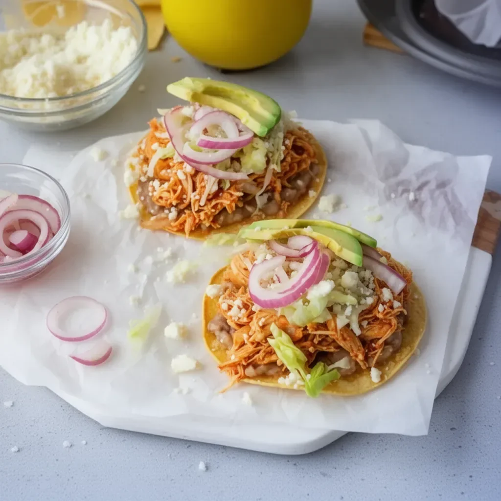 Delicious Chicken Tinga Toasts topped with spicy chicken and fresh ingredients