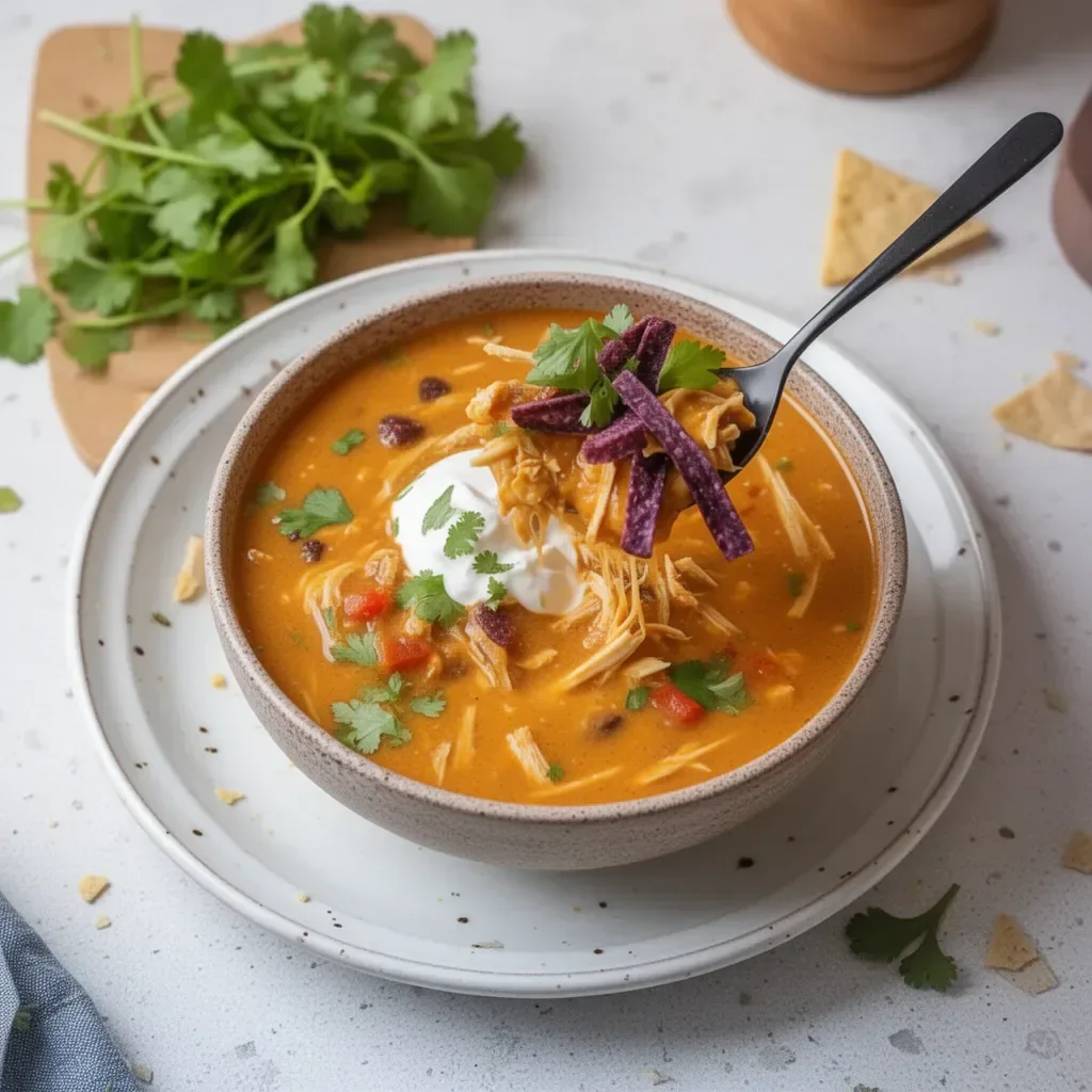 Bowl of Chili's Chicken Enchilada Soup garnished with cheese and tortilla strips