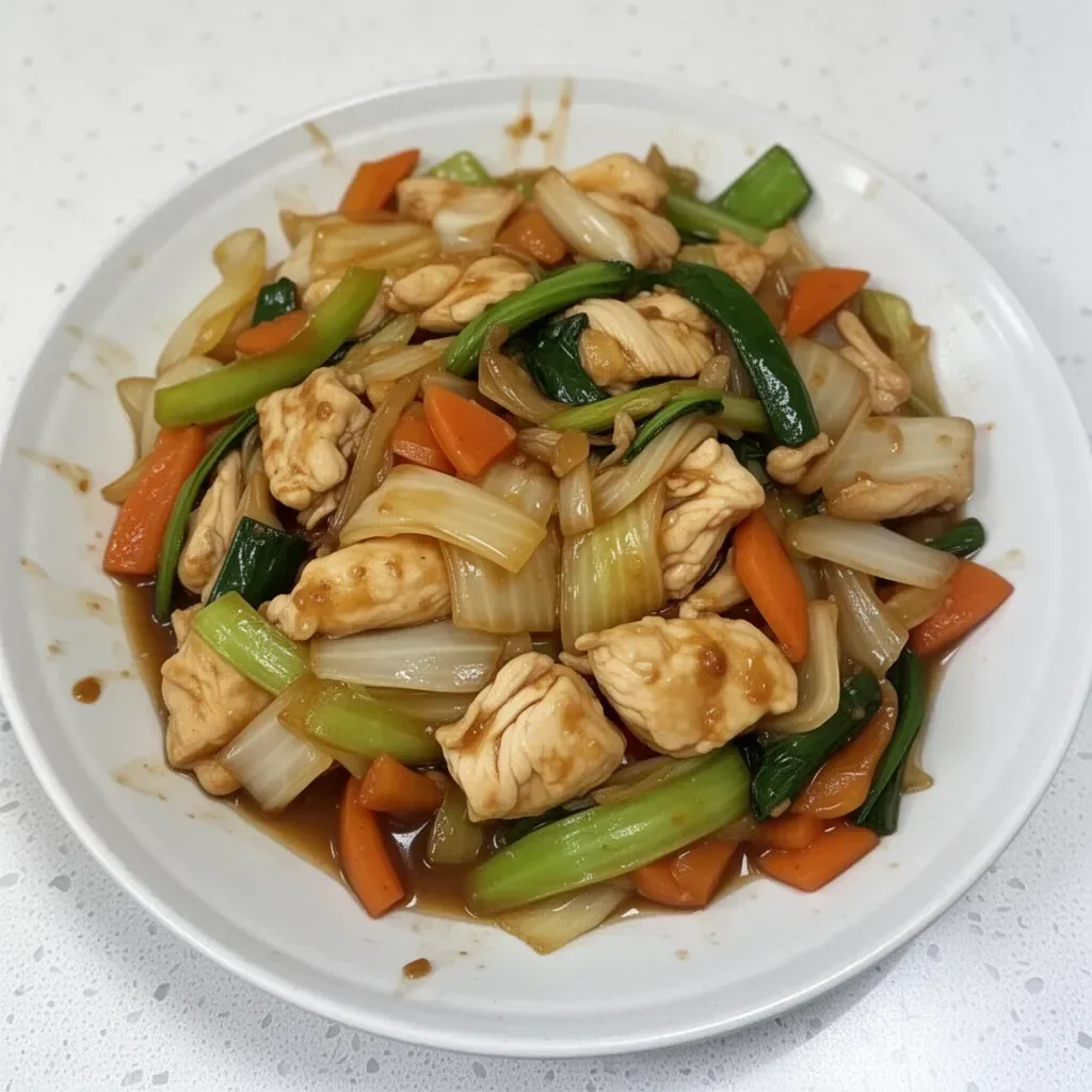 Chinese chicken cabbage stir-fry with vibrant vegetables in a skillet