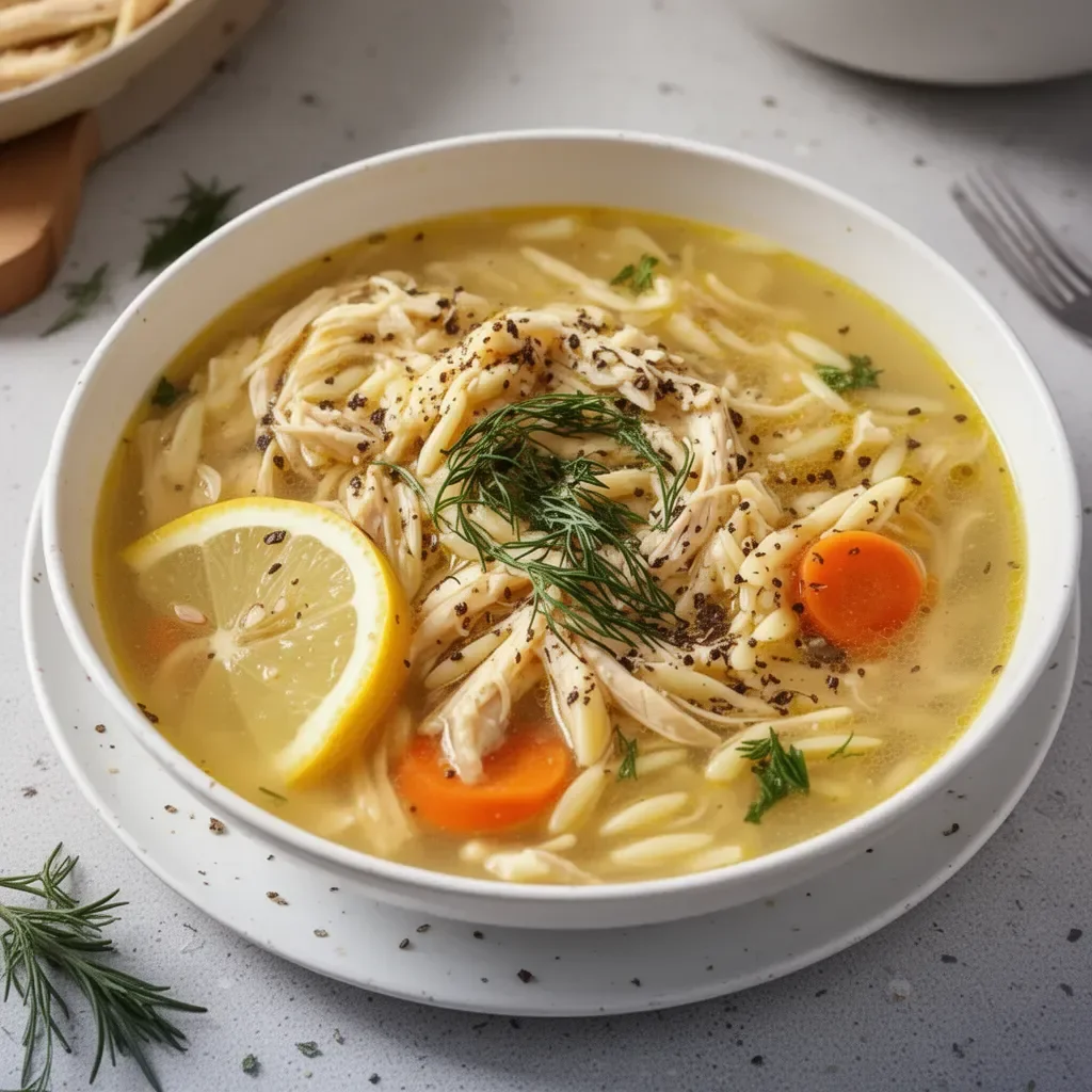 Bowl of Classic Greek Lemon Chicken Soup with lemon slices and herbs