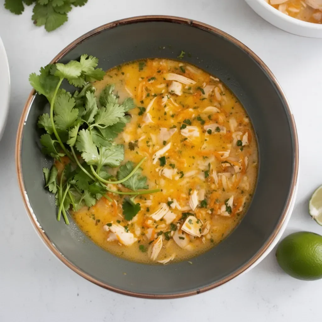 Bowl of Coconut Cilantro Chicken Soup garnished with fresh cilantro and lime