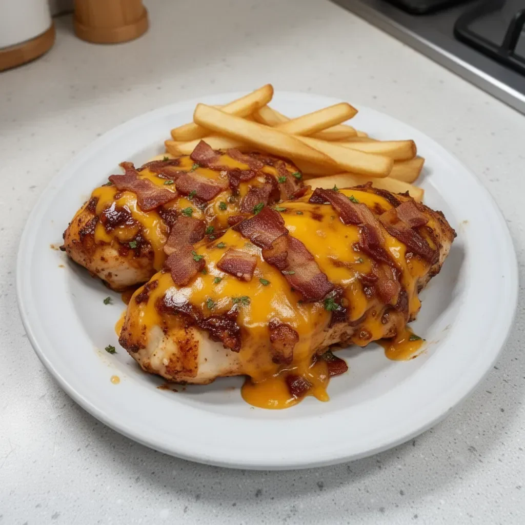 Cowboy BBQ Bacon Cheddar Chicken topped with crispy bacon and melted cheddar