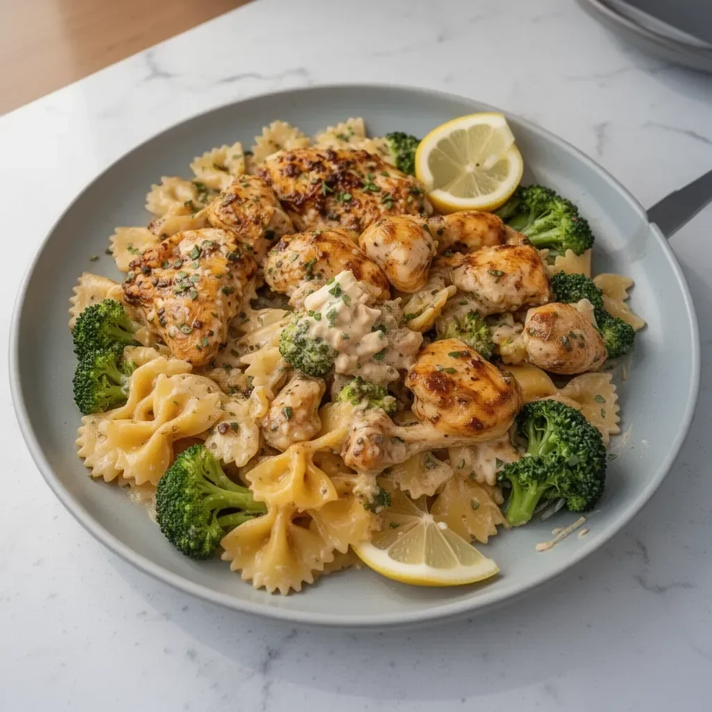 Cowboy Butter Lemon Bowtie Chicken served with fresh broccoli
