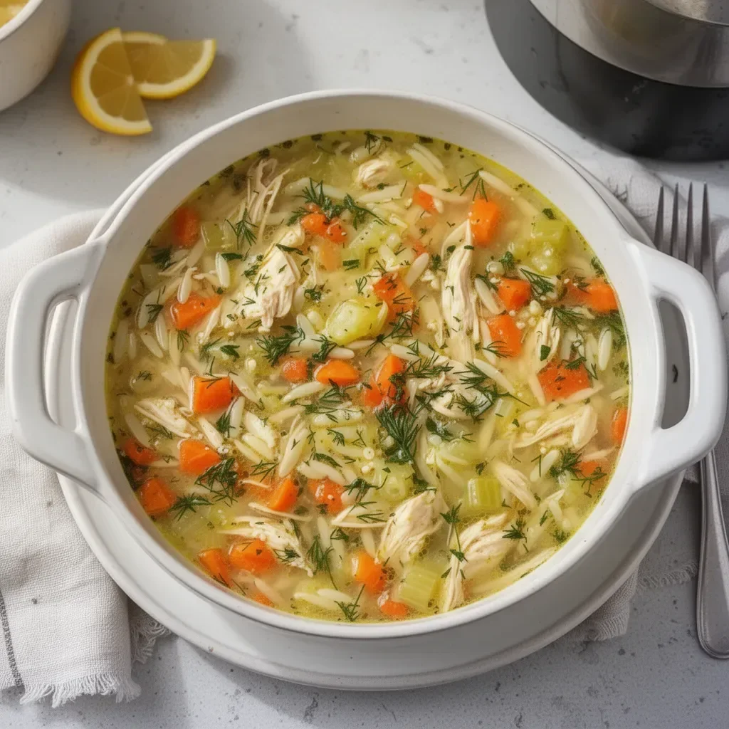 Bowl of cozy Greek Lemon Chicken Soup garnished with fresh parsley