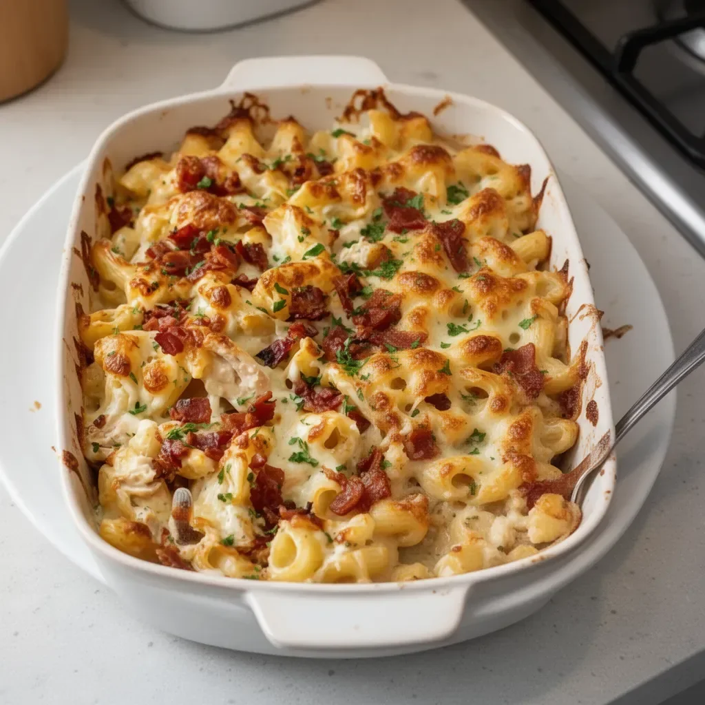 Delicious Crazy Good Casserole served in a baking dish with melted cheese on top.