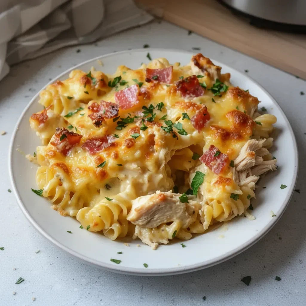 Delicious Crazy Good Chicken Pasta Casserole topped with melted cheese and herbs.
