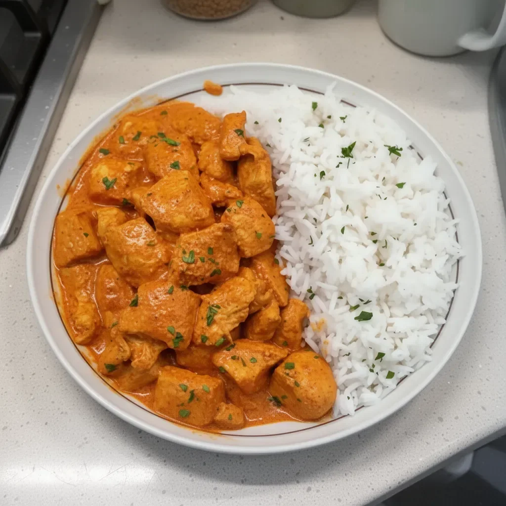 Creamy butter chicken served with rice and herbs