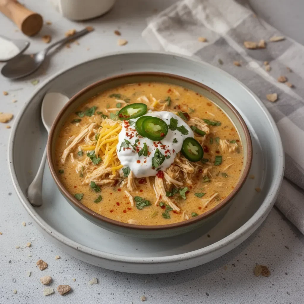 Bowl of creamy chicken enchilada soup topped with cheese and cilantro
