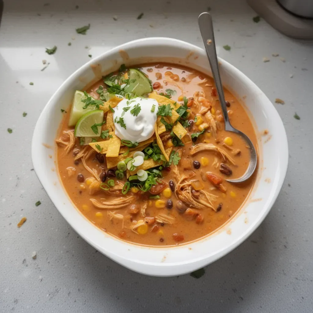 Creamy chicken enchilada soup garnished with cilantro and avocado