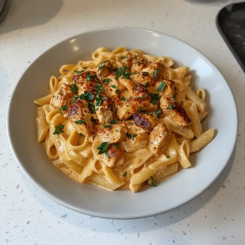 Delicious creamy cowboy butter chicken pasta served on a plate