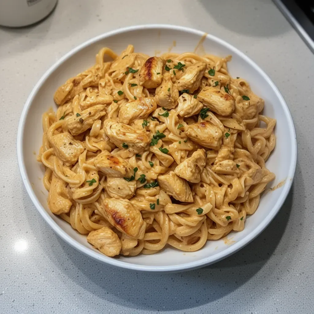 Creamy Cowboy Butter Chicken Pasta garnished with herbs and served in a bowl.