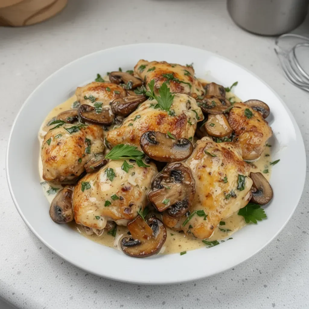 Creamy garlic mushroom chicken thighs served on a plate with herbs
