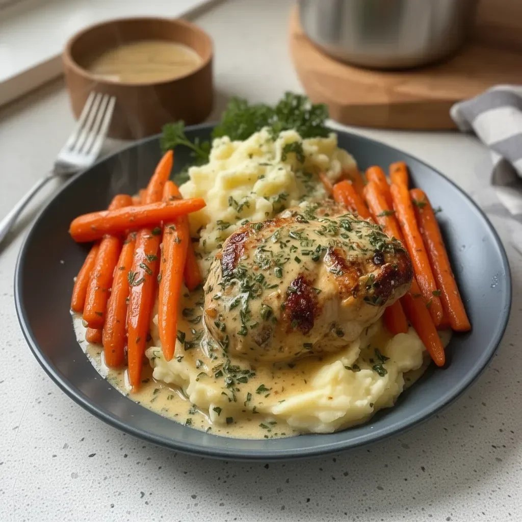 Creamy Herb Chicken served alongside mashed potatoes and honey glazed carrots