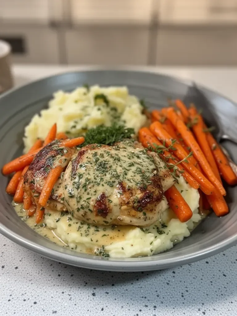 Creamy Herb Chicken with Mashed Potatoes and Honey Glazed Carrots