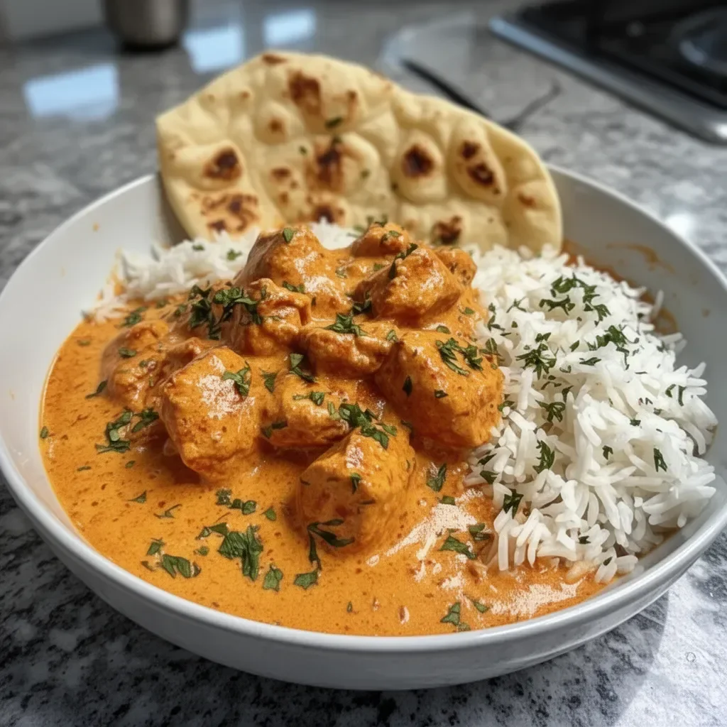 Delicious creamy homemade butter chicken served with rice