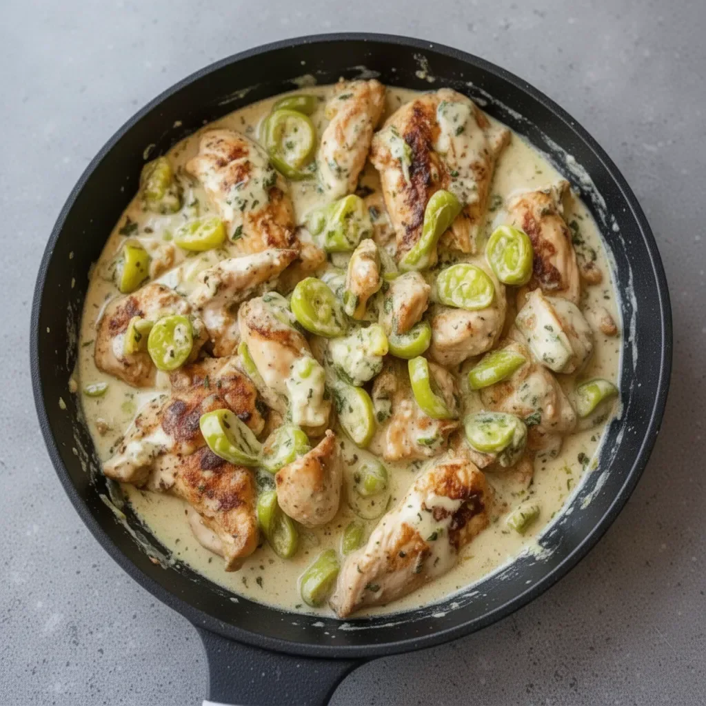 Creamy Pepperoncini Chicken skillet dish with fresh ingredients