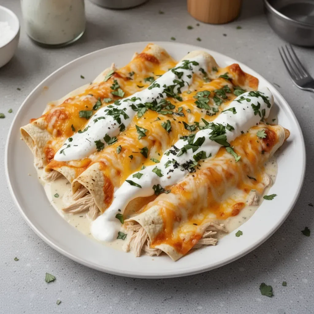 Delicious creamy ranch chicken enchiladas topped with cheese and ranch dressing
