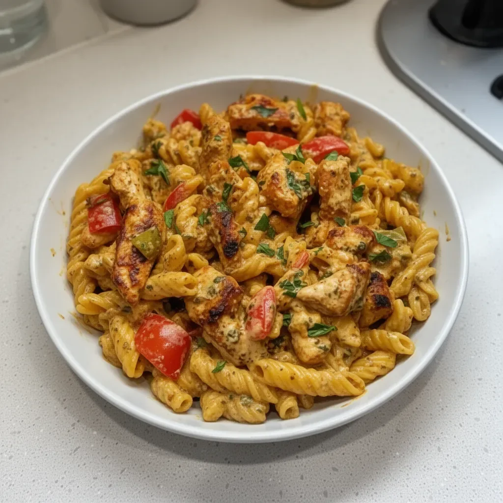 Creamy Rasta Pasta with Jerk Chicken served in a bowl