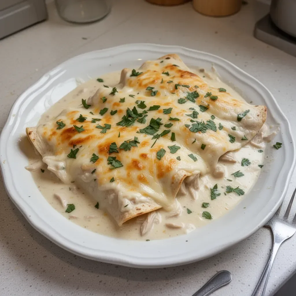 Delicious creamy white chicken enchiladas topped with flavorful sauce and cheese
