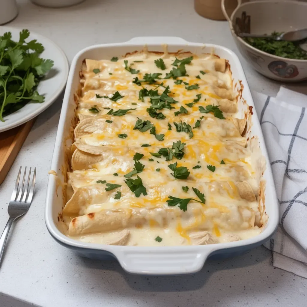 Delicious creamy white chicken enchiladas topped with cheese and herbs