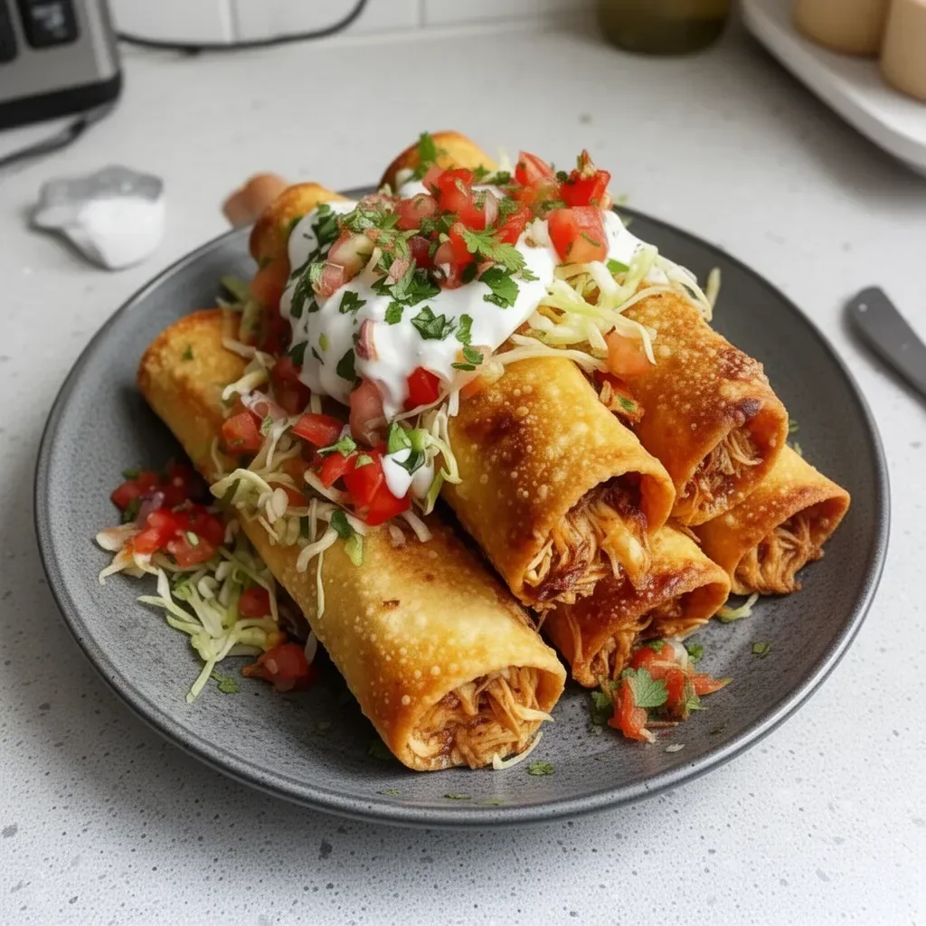Delicious crispy chicken taquitos served with salsa and guacamole