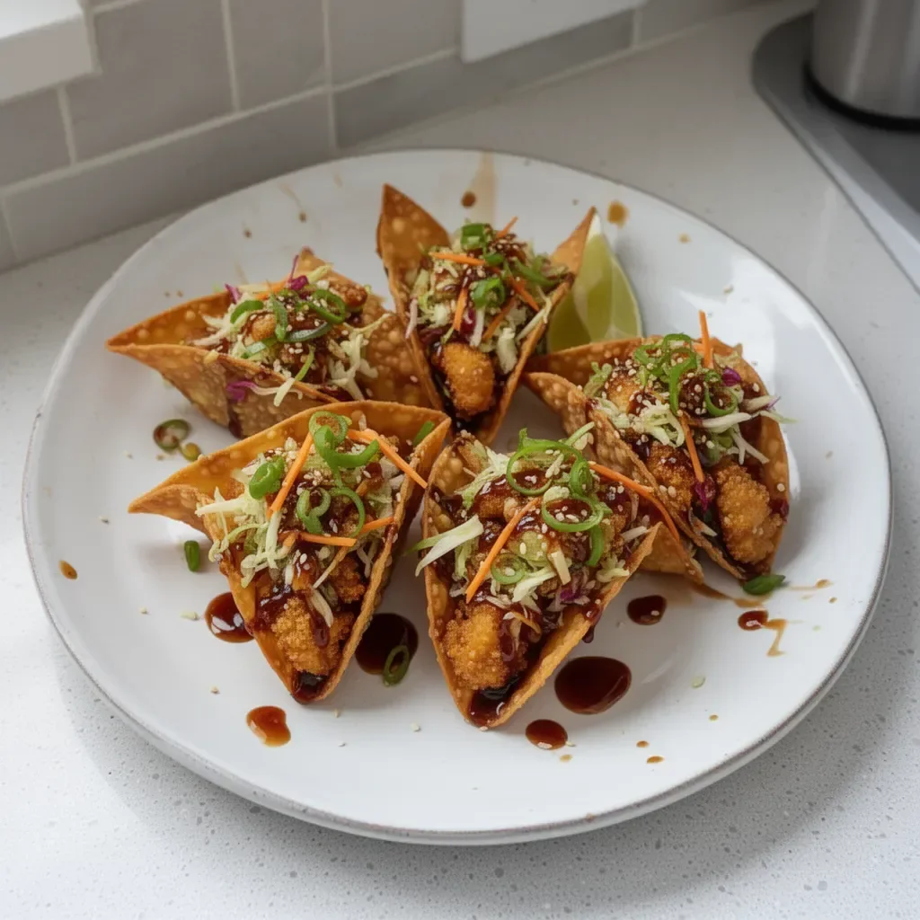Crispy chicken wonton tacos topped with teriyaki glaze on a plate