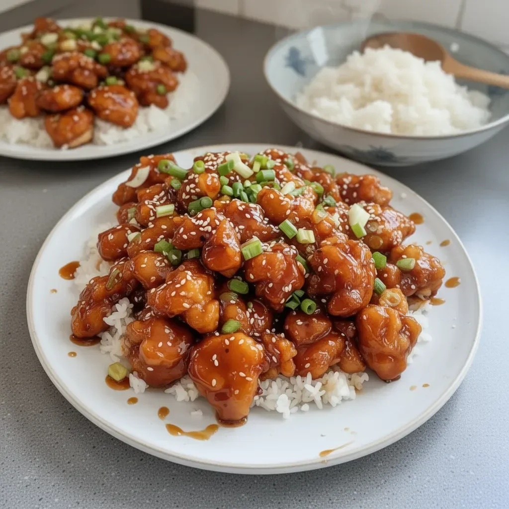 Crispy Honey Garlic Chicken garnished with sesame seeds on a white plate