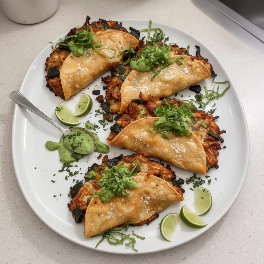 Crispy Poblano Chicken Tacos with fresh ingredients and vibrant toppings.