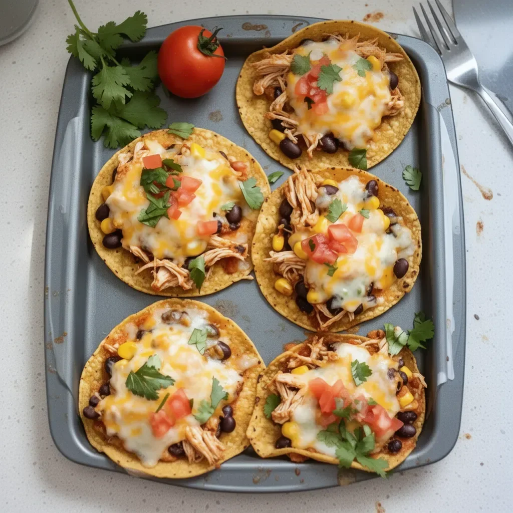 Crispy rotisserie chicken tostadas topped with vegetables and salsa