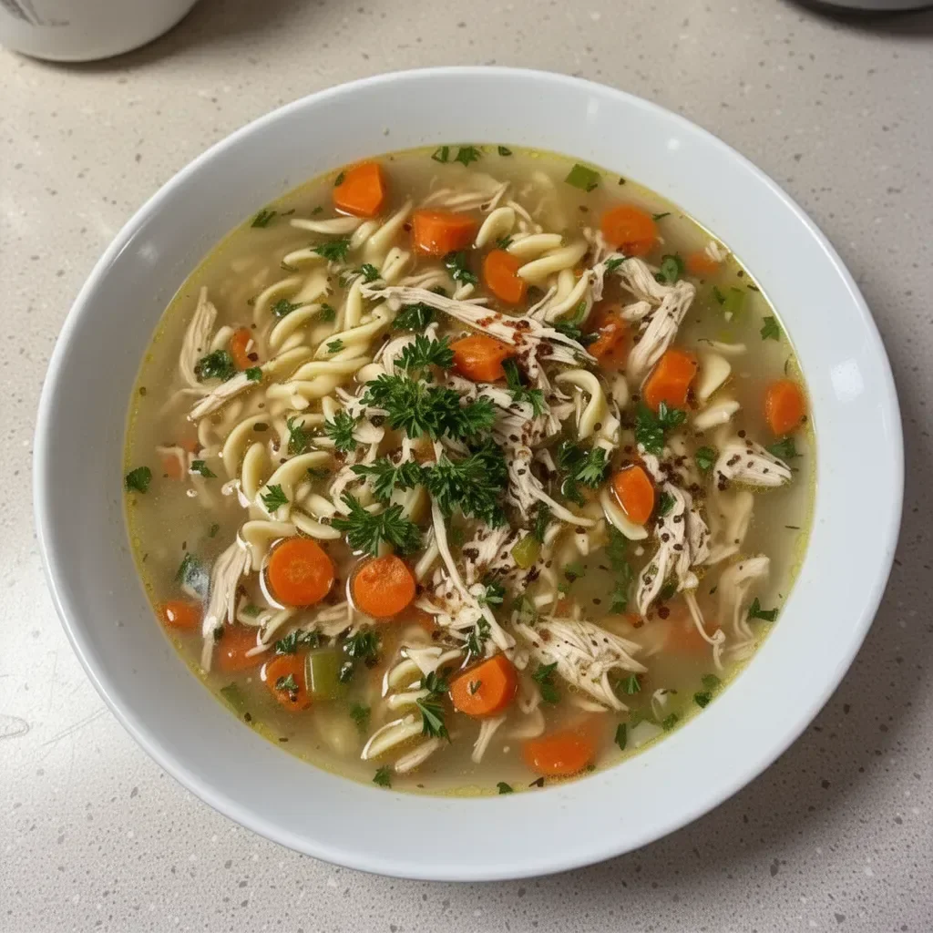 Crock Pot Chicken Noodle Soup served in a bowl with fresh herbs