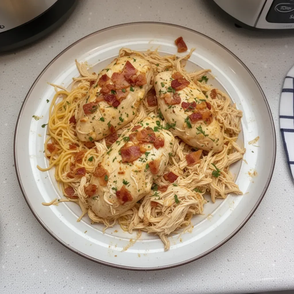 Delicious Crock Pot Crack Chicken served on a plate with toppings.
