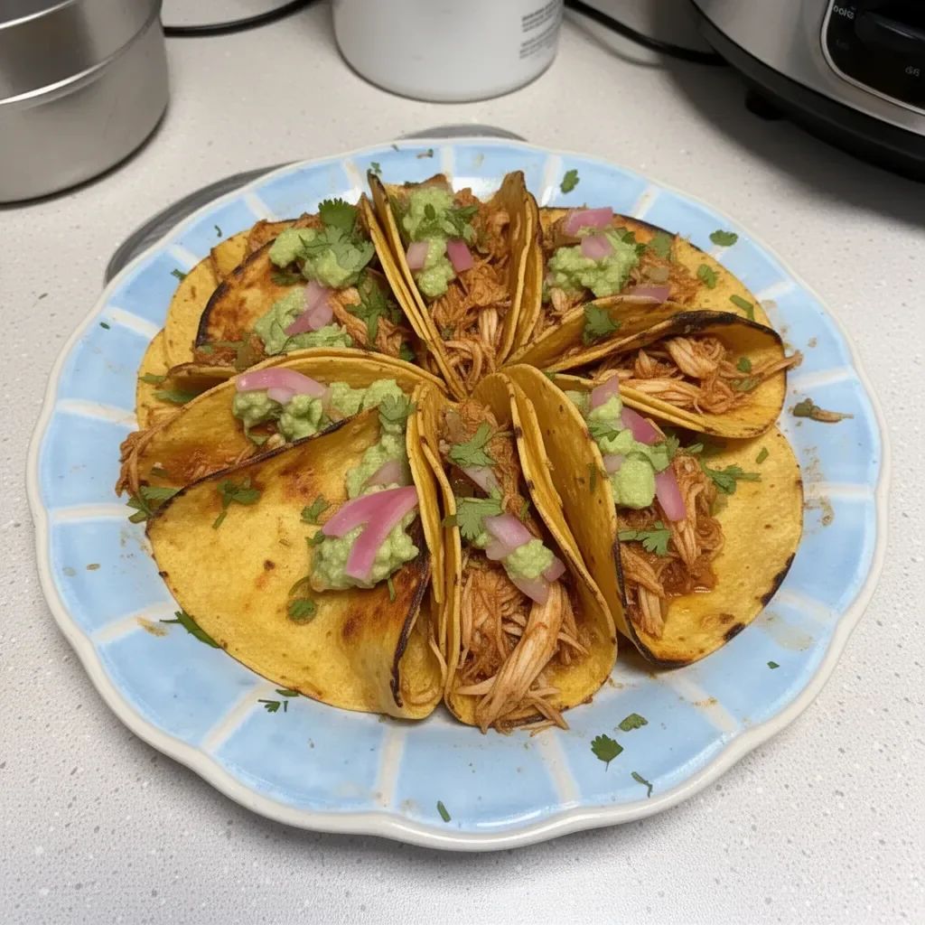 Crockpot crispy chicken tinga tacos topped with fresh ingredients