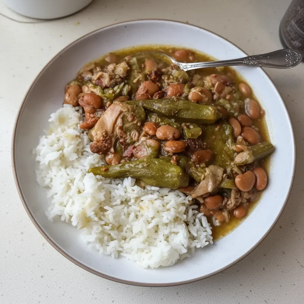 Crockpot speckled butter beans and okra stew in a rustic bowl