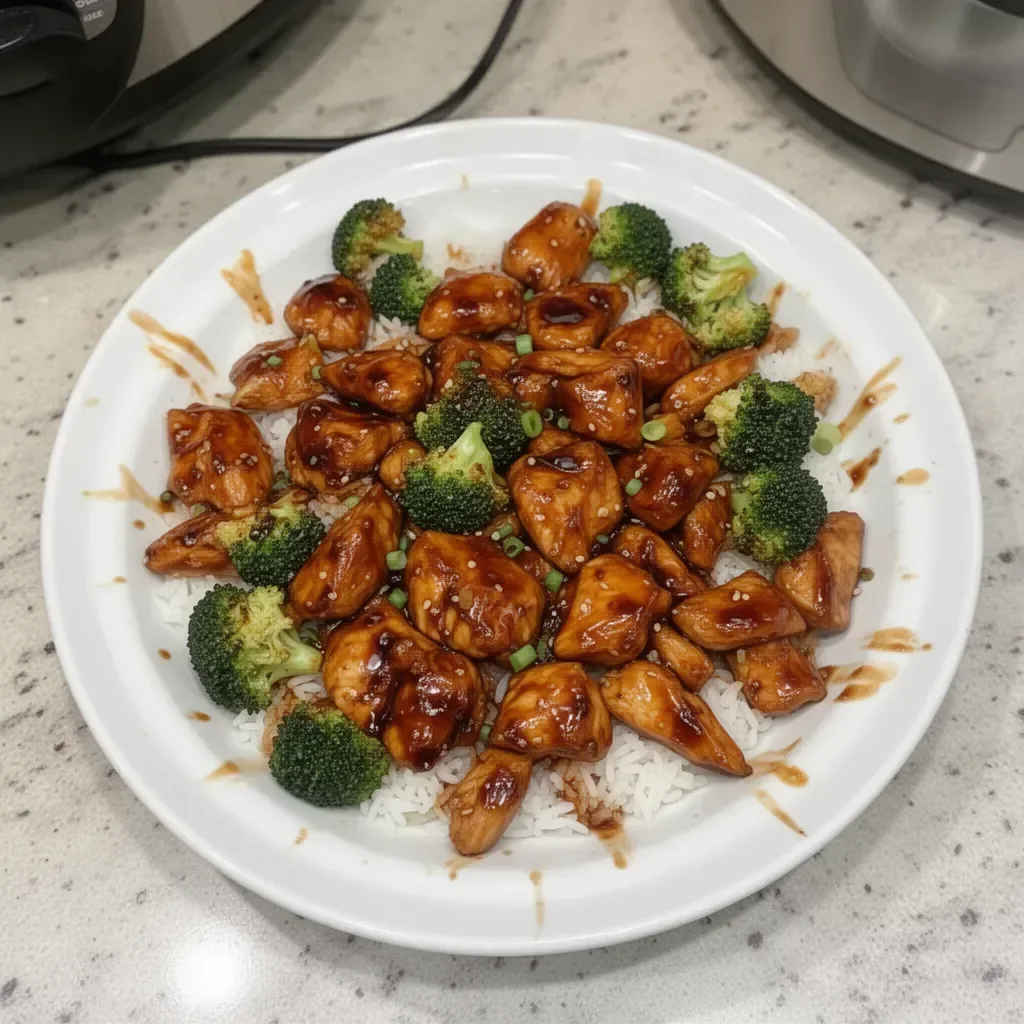 Crockpot Teriyaki Chicken served with rice and green vegetables