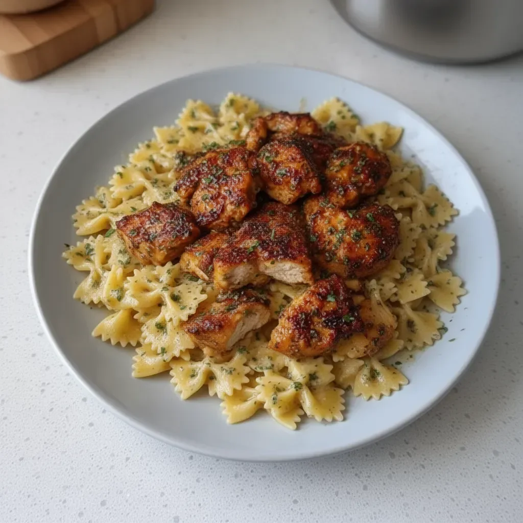 Delicious Garlic Butter Chicken served with bowtie pasta