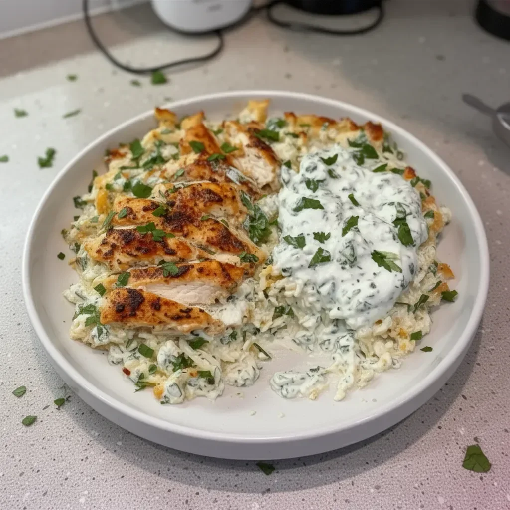 Delicious Dump-and-Bake Chicken Tzatziki Casserole ready to serve