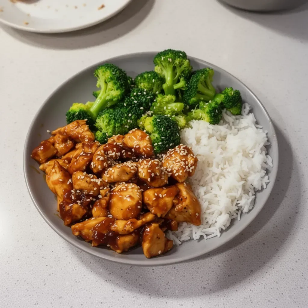 Crockpot teriyaki chicken served on a plate with steamed vegetables.