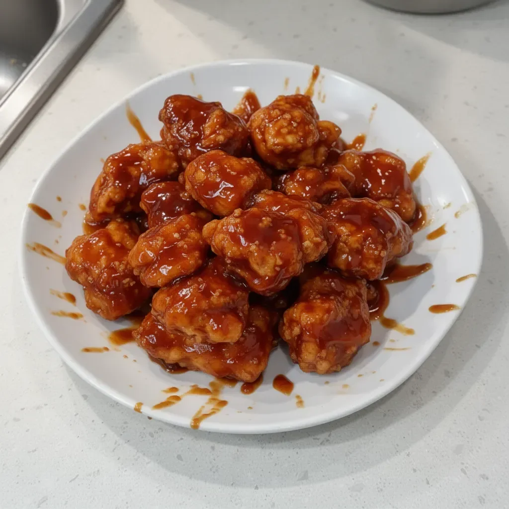 Baked honey BBQ chicken bites served on a platter with dipping sauce.