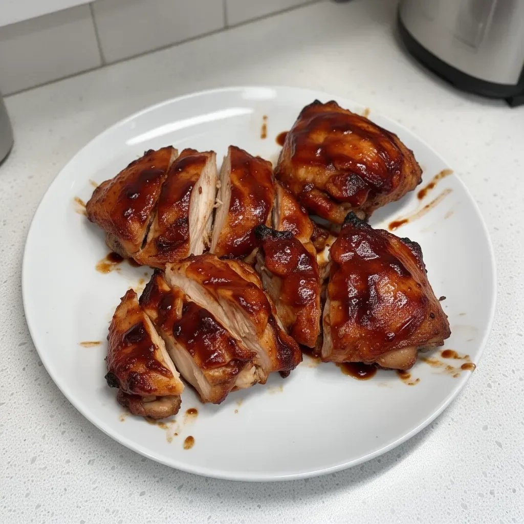 Delicious BBQ Baked Chicken Thighs garnished and ready to serve.