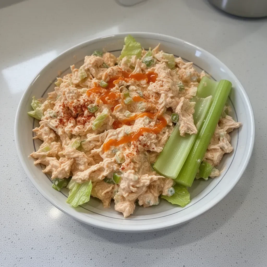 Bowl of Easy Buffalo Chicken Salad with fresh vegetables and chicken