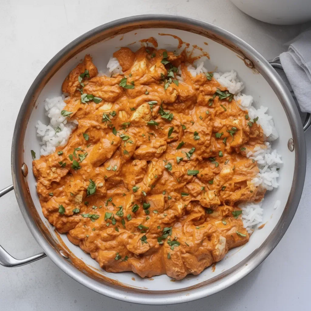 Delicious easy butter chicken served with rice and garnished with cilantro