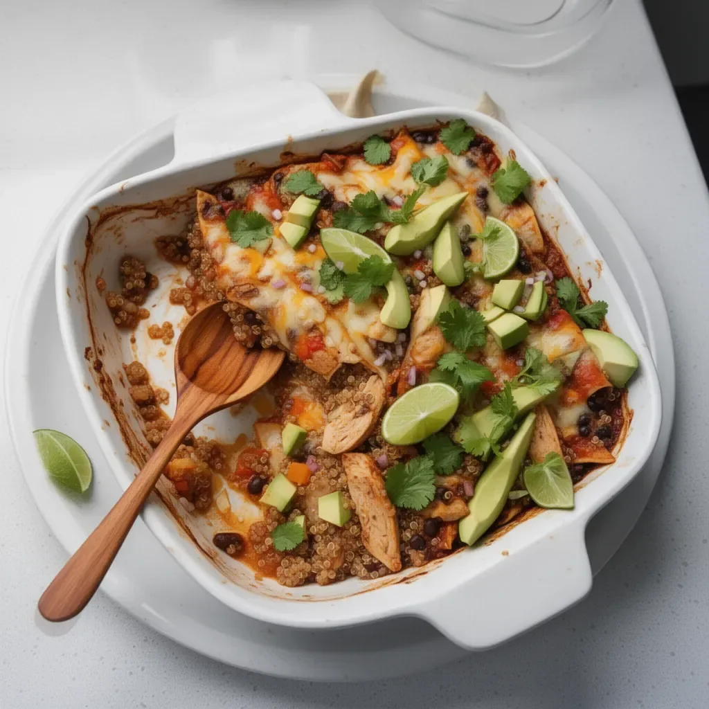 Easy chicken enchilada quinoa bake dish garnished with fresh herbs