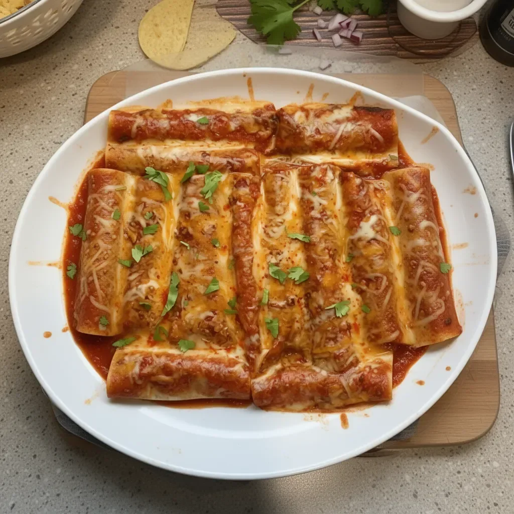 Delicious easy chicken enchiladas topped with red sauce and cheese