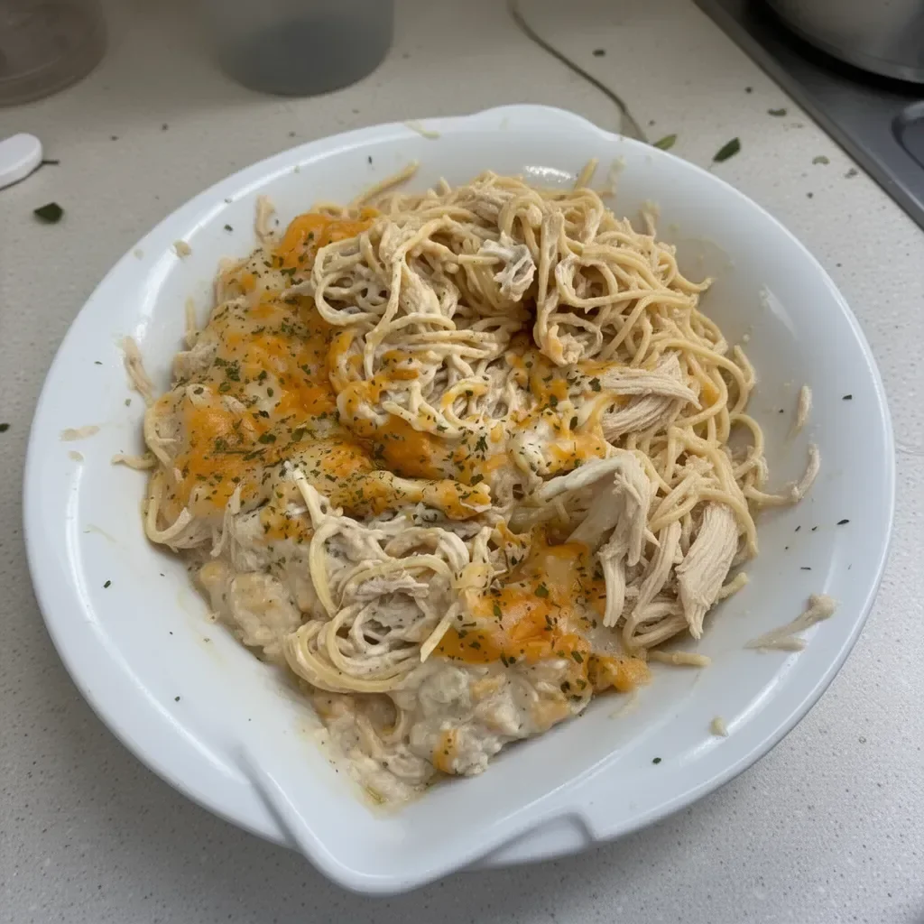 Bowl of easy chicken tetrazzini with creamy sauce and pasta