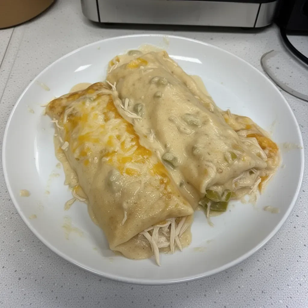 Delicious easy creamy white chicken enchiladas served on a plate