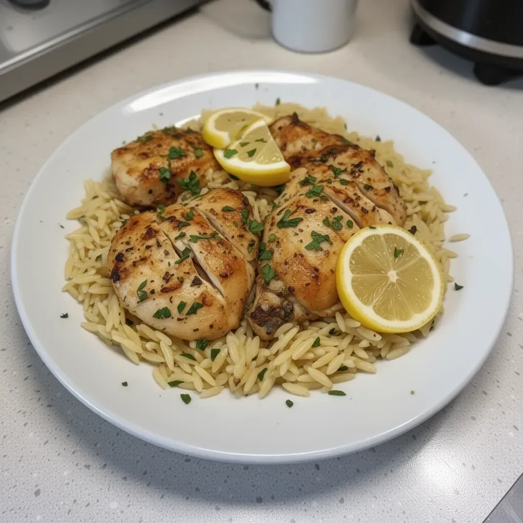 Easy Greek lemon garlic chicken served with flavorful orzo.