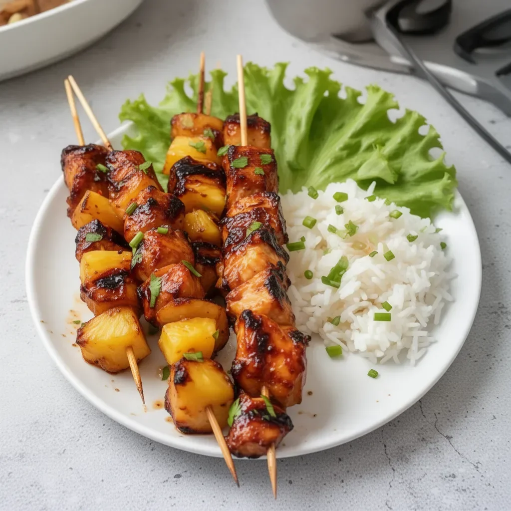 Delicious easy Hawaiian chicken skewers on a grill.